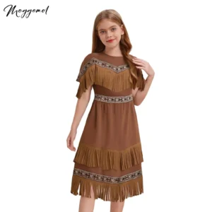 תחפושת נסיכה אינדיאנית (פוקהונטס) לילדות – שמלה מעוצבת עם פרנזים בסגנון שבטי